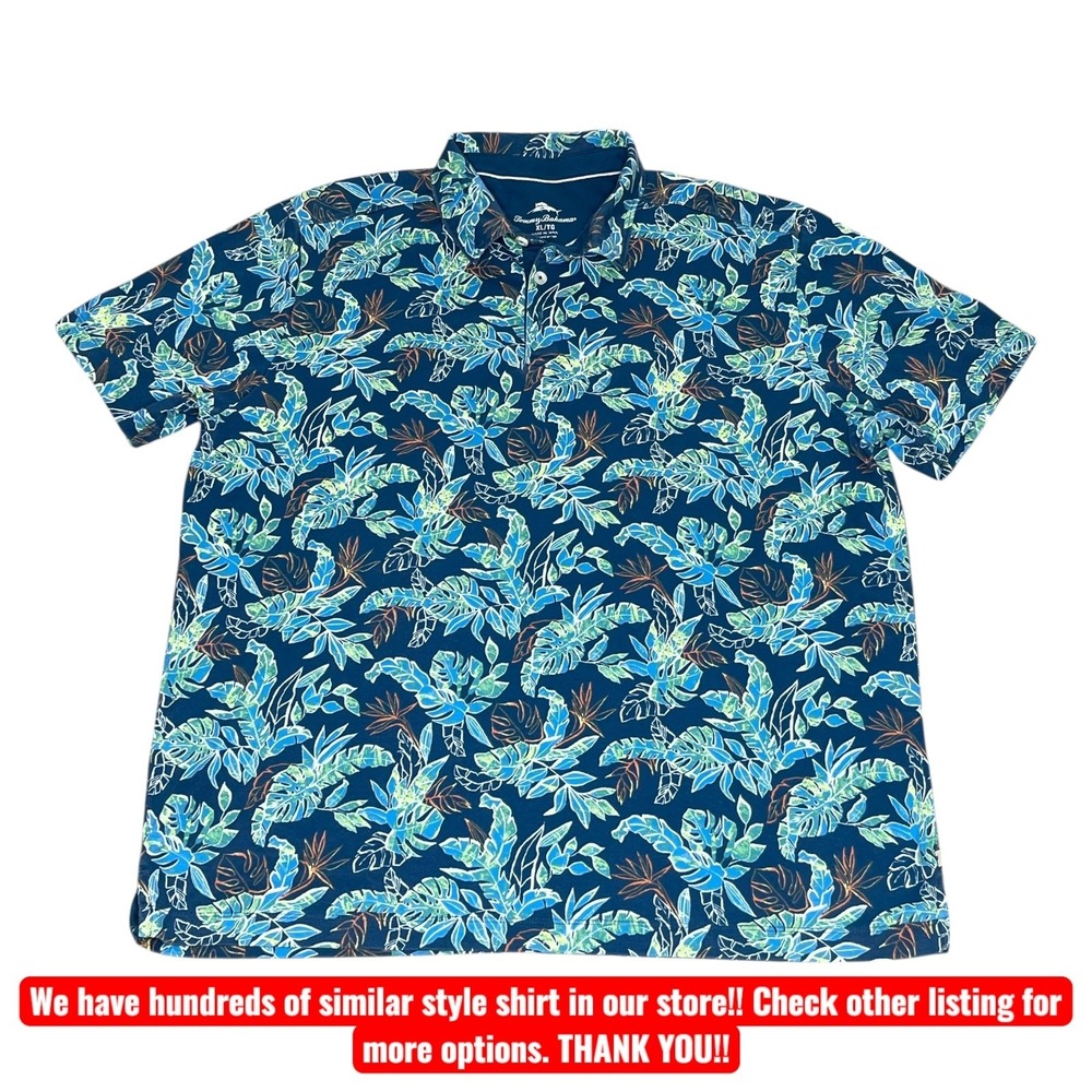 Tommy Bahama Mens XL Blue Tropical Floral Leaf Print Short Sleeve Polo Shirt